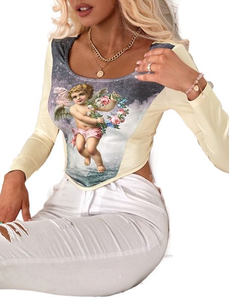 

floral & angel print square neck hanky hem tee l6gp#, White