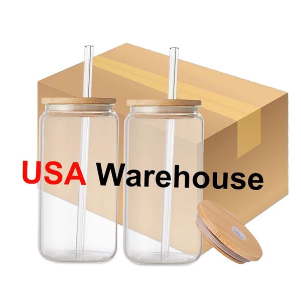 USA/CA Warehouse 16oz20 унции Cup Clear Mrost Soublimation Blancs Beer Glass Tumbler Soda Can Cash Coffee Coffee Mug Cups с бамбуковыми крышками