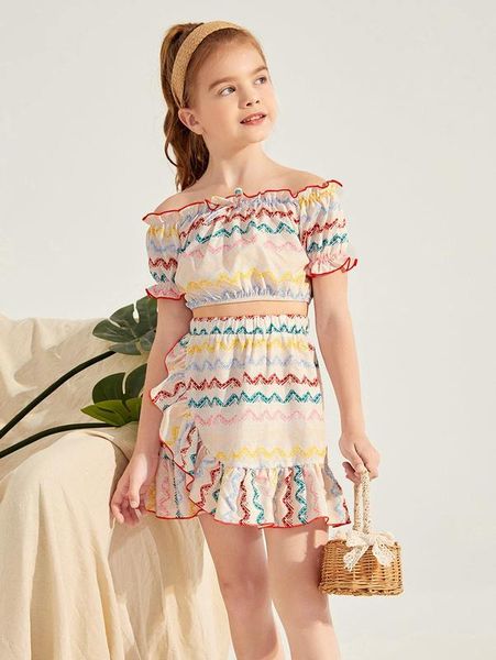 

girls chevron print off shoulder bow detail & skirt set she, White