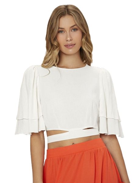 

butterfly sleeve cut out tie back crop blouse q3ld#, White