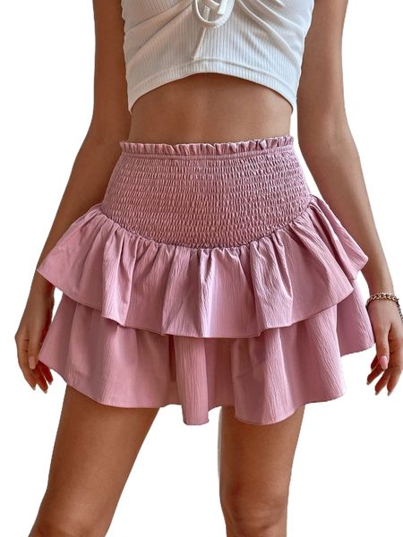 

shirred waist layered hem skirt 12rx#, Black