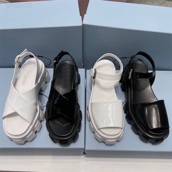 

nylon bands women sandals buckle strap platform shoes 50 mm rubber sole chunky slippers designers flat slides flip flops monolith canvas, Black