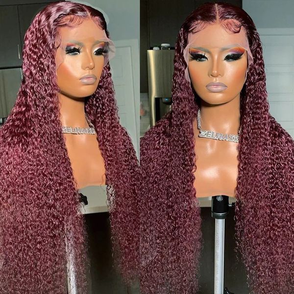 

30 Inch 99j Burgundy Deep Wave 13x4 Lace Front Synthetic Wigs Simulation Human Hair Red Colored Curly Frontal Closure Wig For Women, Pink