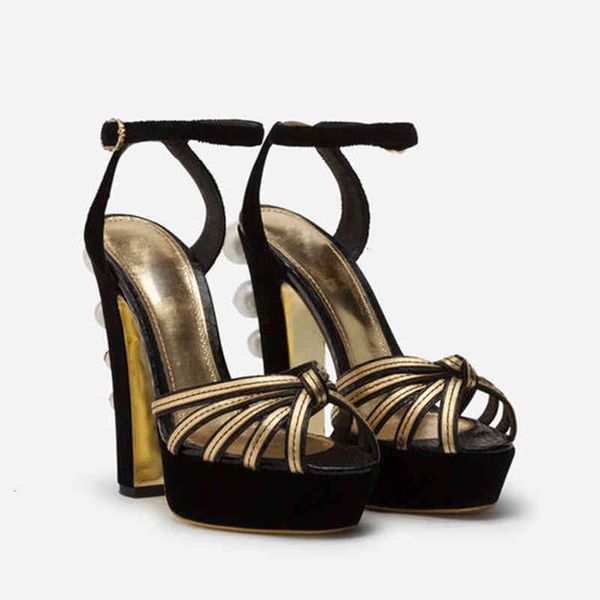 

lady casual fashion designer pumps women sandals black suede real leather strappy studded pearls platform high heels shoes qd79