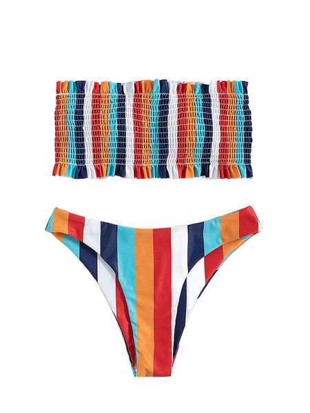 

striped smocked frill trim bandeau bikini swimsuit q4kb#, White;black