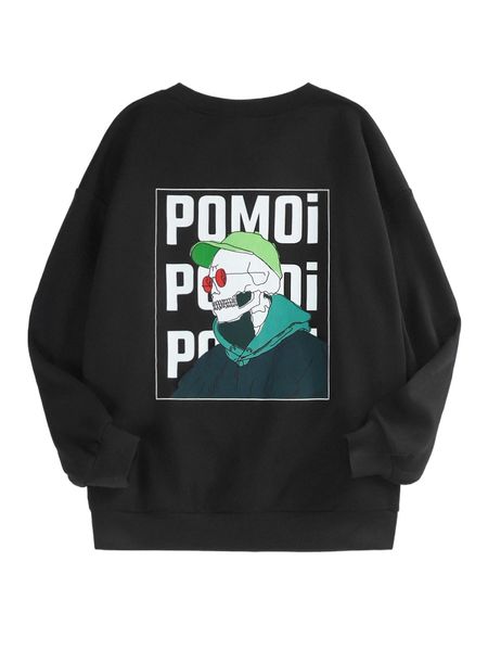

x pomoi skull cartoon and letter graphic drop shoulder pullover r4hg#, Black