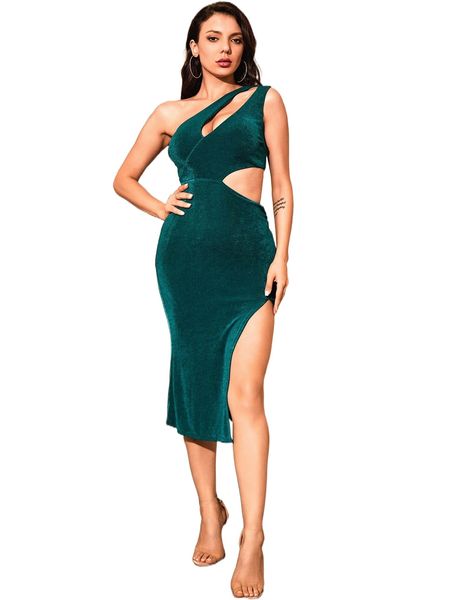 

love&lemonade one shoulder split thigh bodycon dress o2zm#, Black;gray