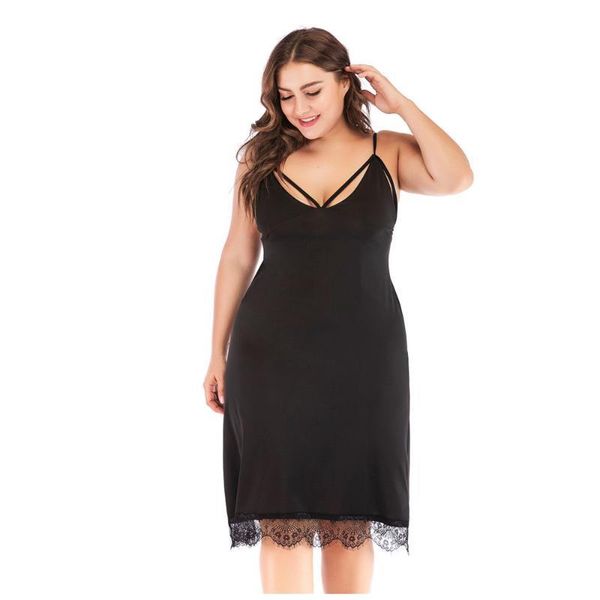 

plus size dresses 4xl women nightdress 2021 lingerie lace sleepwear summer nightgown for fat silk nightwear robe vestidos, Black