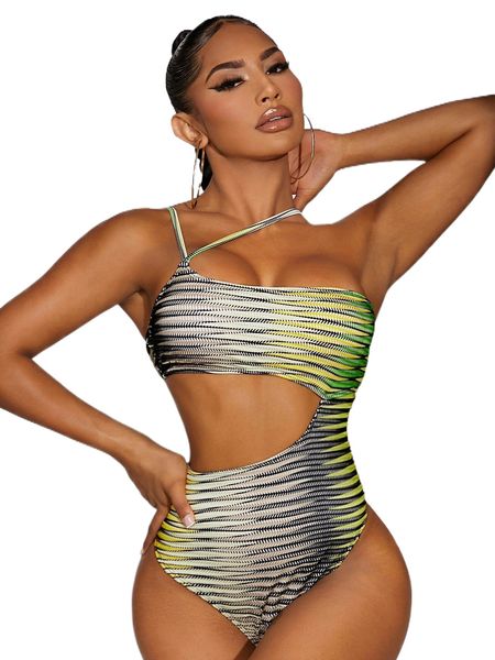 

geo print ombre cut out asymmetrical neck one piece swimsuit 37m8#, White;black