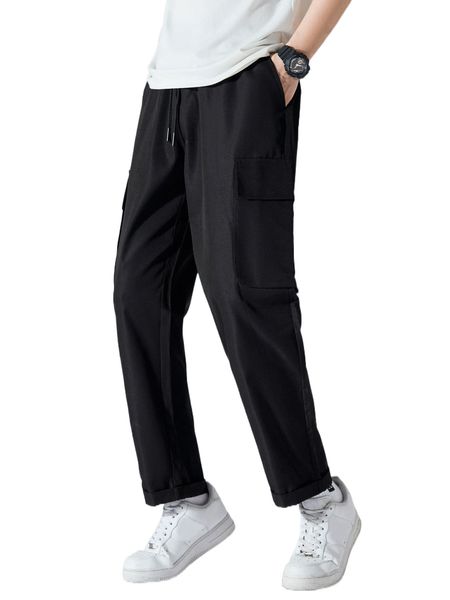 

men drawstring waist flap pocket cargo pants 84vy#, Black