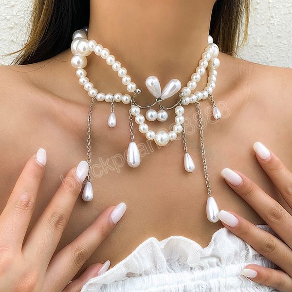 

luxury water drop imitation pearls tassel choker necklace for women vintage long tassel necklaces wedding party jewelry, Golden;silver
