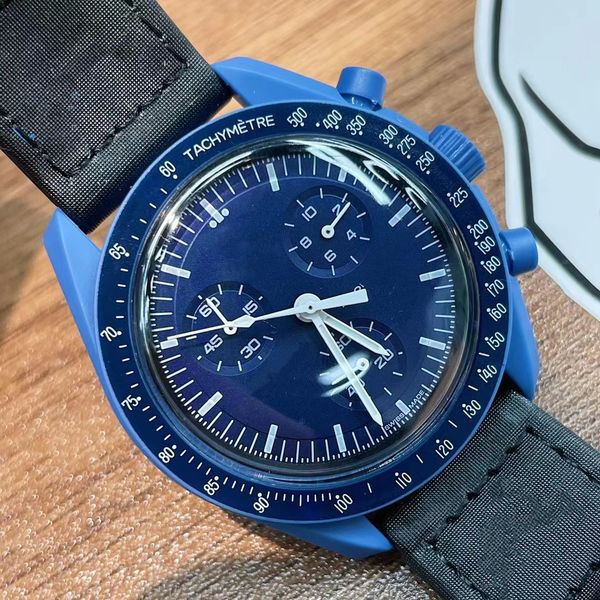 

bioceramic moonswatch swiss quqrtz chronograph mens watch so33g100 mission to earth 42mm real green ceramic blue dial nylon strap with box s, Slivery;brown