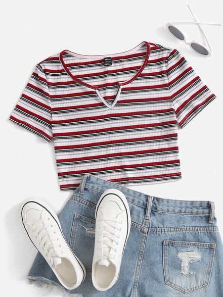 

notch neck rib-knit striped crop f29g#, White