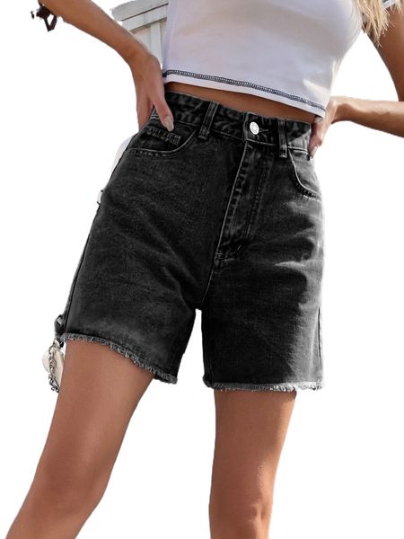 

solid raw hem denim shorts t24e#, White;black