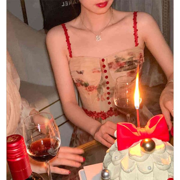 

casual dresses red tea rose french minority light luxury broken flower suspender dress for women 2022 spring style available xmyb, Black;gray