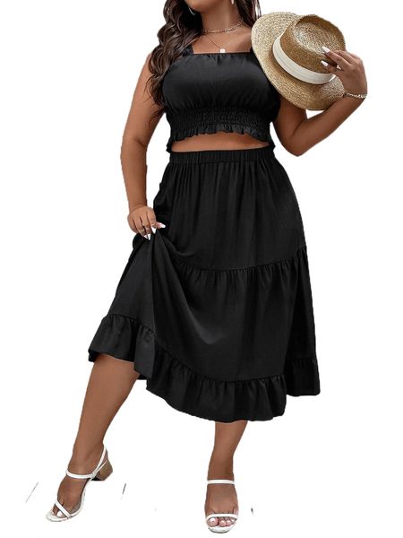 

plus ruffle trim shirred crop & tiered layered skirt t8sr#, Black