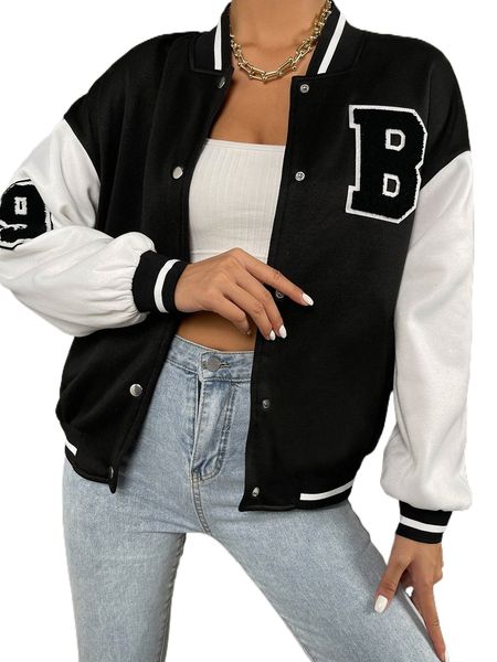 

letter patch detail drop shoulder colorblock bomber jacket k6k3#, Black;brown