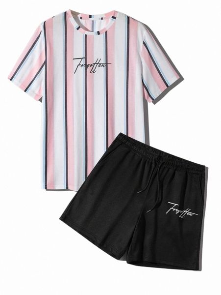 

men striped & letter graphic tee & shorts s6nd#, Gray