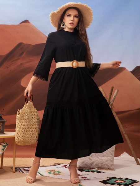 

plus lace trim ruffle hem dress without belt 47tx#, Black