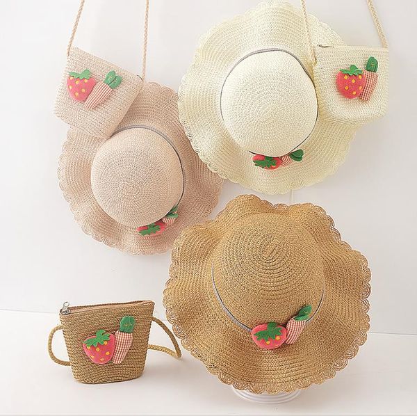 Mädchen-Sonnenhut-Taschen-Set für Kinder, breite Krempe, Stroh, Erdbeere, Karotte, Kappe mit Umhängetasche, Geldbörse, UPF-Schutz für Babys und Kleinkinder
