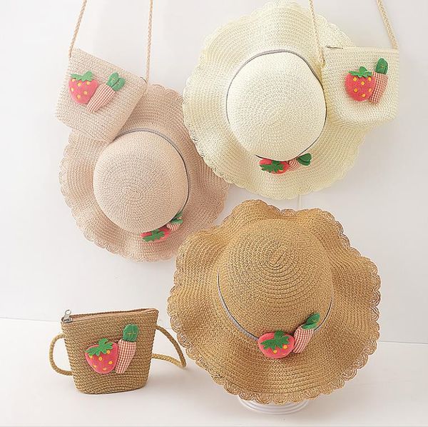 Meninas Sunhat Saco Set Kids Grande Borda Palha Palha Cenoura Tampão com Saco De Ombro Purse UPF Proteção Para Criança Do Bebê