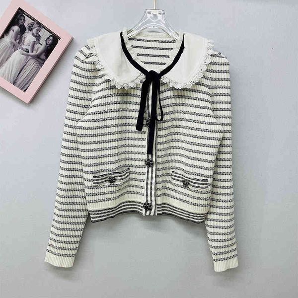 

women's knits tees spring and summer xiaoxiangfeng family black white striped butterfly b doll collar long sleeved knitted cardigan wom