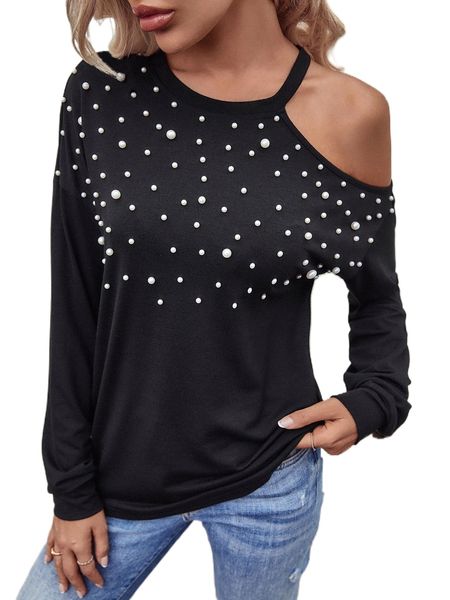 

one cold shoulder pearls beaded tee z1zu#, White