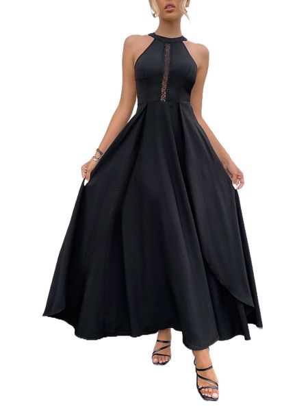 

contrast lace split thigh halter dress p35z#, Black;gray