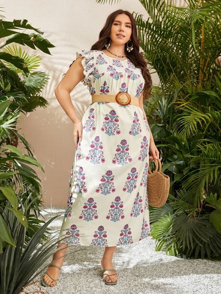 

plus floral print butterfly sleeve dress without belt p5ox#, Black