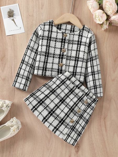 

toddler girls plaid button front tweed jacket & skirt she, White