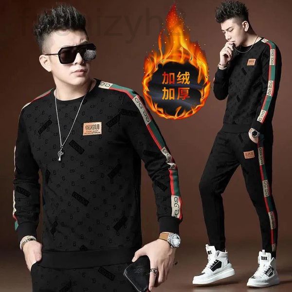 

men's casual shirts designer 2021 autumn and winter new men's sweater set plush thickened warm round neck personalized publicity e, White;black