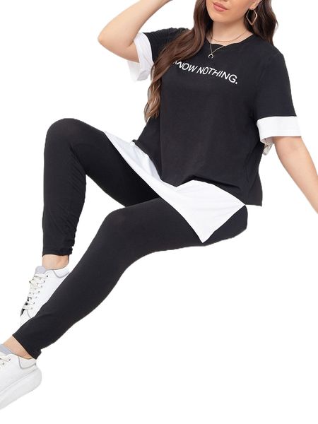 

plus slogan graphic two tone split hem tee & leggings q1md#, Black