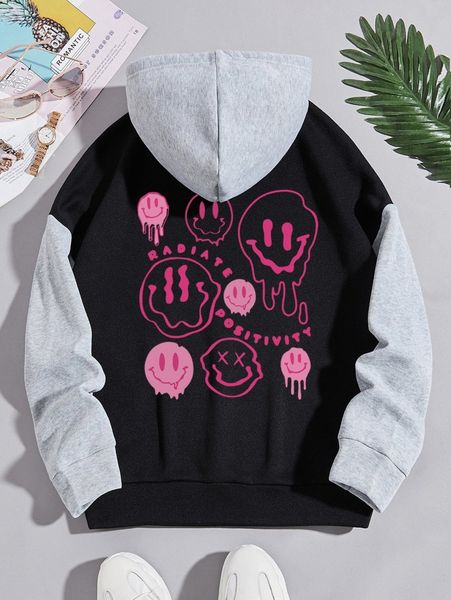 

colorblock & cartoon graphic drawstring sweatshirt 35b6#, Black
