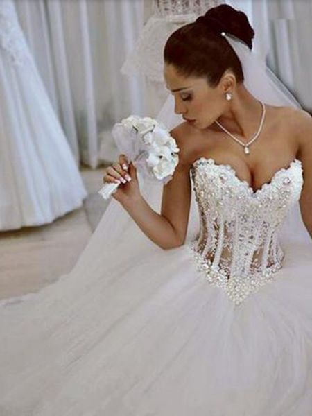 

ball gown wedding dresses sweetheart corset floor length princess bridal gowns beaded lace pearls custom made, White