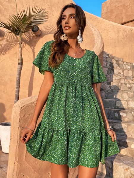 

ditsy floral print butterfly sleeve ruffle hem dress p20m#, Black;gray