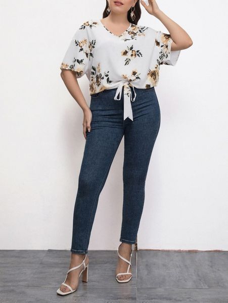 

plus knot hem floral blouse a64n#, Black