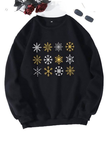 

christmas snowflake print thermal lined sweatshirt w53w#, Black