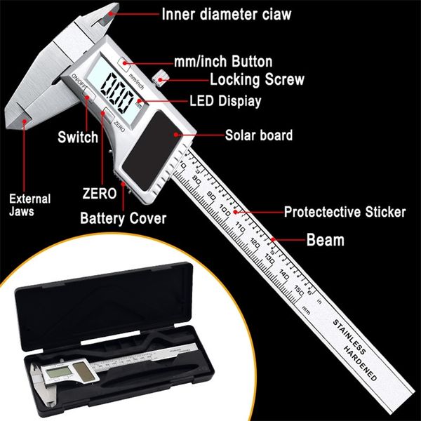 0-150MM Edelstahl 6 Zoll Pachymeter Solar Power Digital Messschieber Energie Digital Pachometer Messgerät Messwerkzeuge T200602