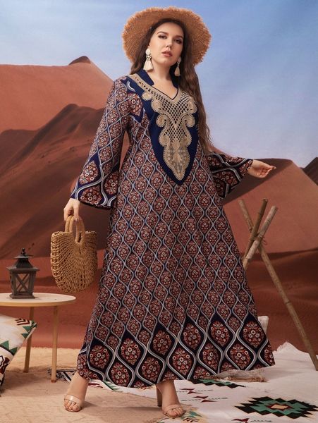 

plus random graphic print paisley embroidery maxi dress g0ej#, Black