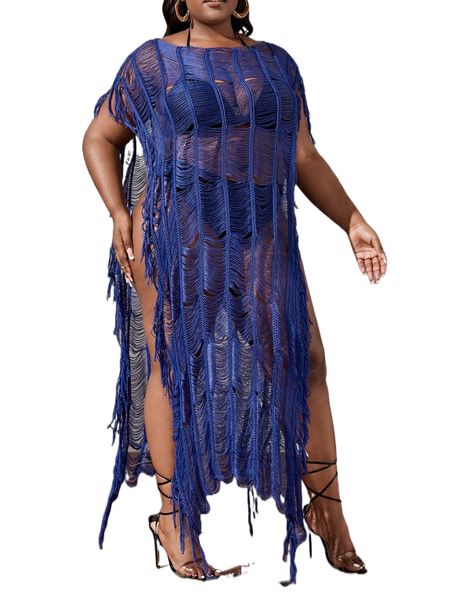 

plus fringe trim split hem batwing sleeve cover up without bikini v1r6#, Black