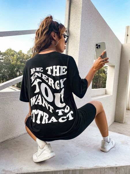 

drop shoulder slogan pattern tee j3eb#, White