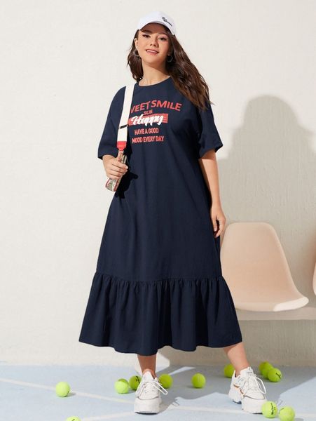 

plus slogan graphic drop shoulder ruffle hem dress m6ra#, Black