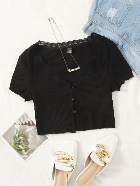 

lace trim button front crop tee d9nf#, White