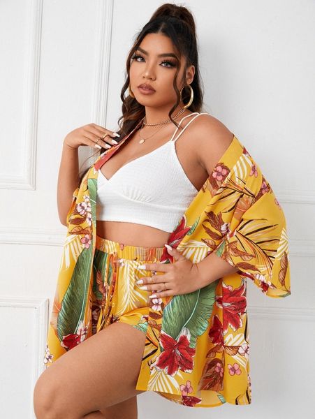 

plus tropical print dolman sleeve coat & tie front shorts 291d#, Black