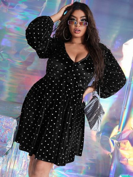 

plus heart print lantern sleeve velvet dress w9nk#, Black