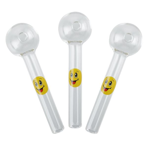 Pipa per bruciatore di olio in vetro Pyrex con sorriso Happy Face Mini Hand Pipes 10CM 4 pollici Accessori per fumatori spessi Cera Olio Tabacco Herb Bong Tool