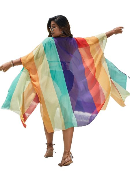

plus rainbow striped batwing sleeve sheer mesh kimono j7yt#, Black;gray