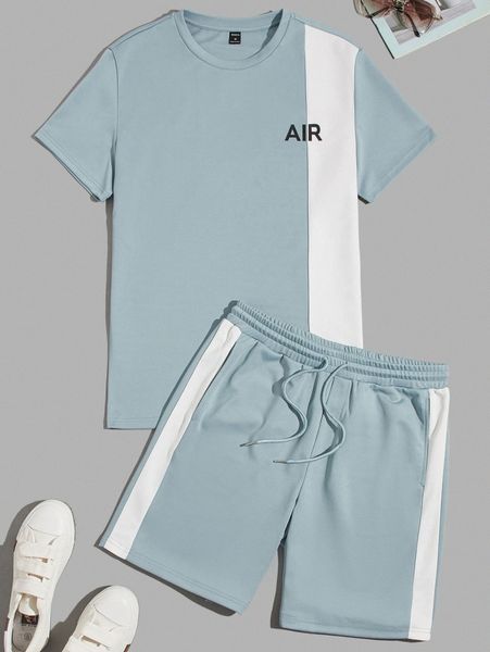 

men letter graphic tee & seam side drawstring waist shorts i2rq#, Gray