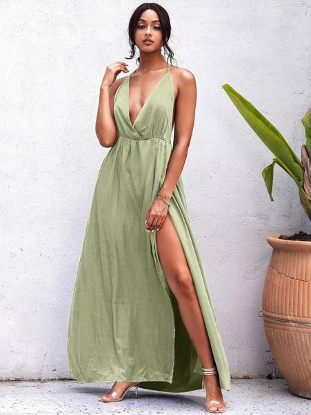 

tied backless split thigh longline dress u0b0#, Black;gray