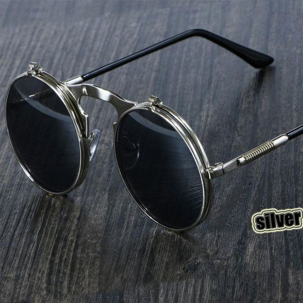 Güneş gözlüğü steampunk yuvarlak kadın erkekler metal vintage filp dairesel çift lens güneş gözlükleri stil çember tonları gafas de sol uv400sunglasses